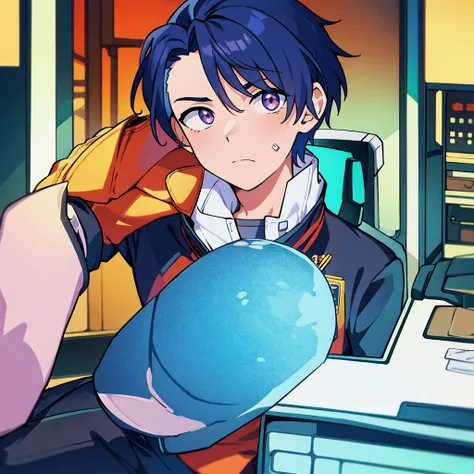 anime styling, Boy sitting on a gaming chair, with money in hands and on the table, behind him a computer, hot weather, vivid colors, cinematic shading, CG anime