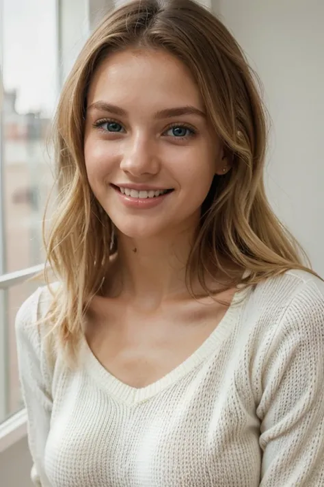 european blonde woman with cute smile wearing pink sweater. Very detailed, 21 years old, innocent face, natural wavy hair, green eyes of realistic size, expressive, with a slight shine that conveys intelligence, curiosity and stands out. Small and delicate...