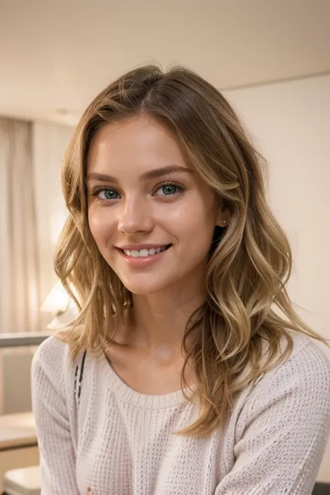 european blonde woman with cute smile wearing pink sweater. Very detailed, 21 years old, innocent face, natural wavy hair, green eyes of realistic size, expressive, with a slight shine that conveys intelligence, curiosity and stands out. Small and delicate...