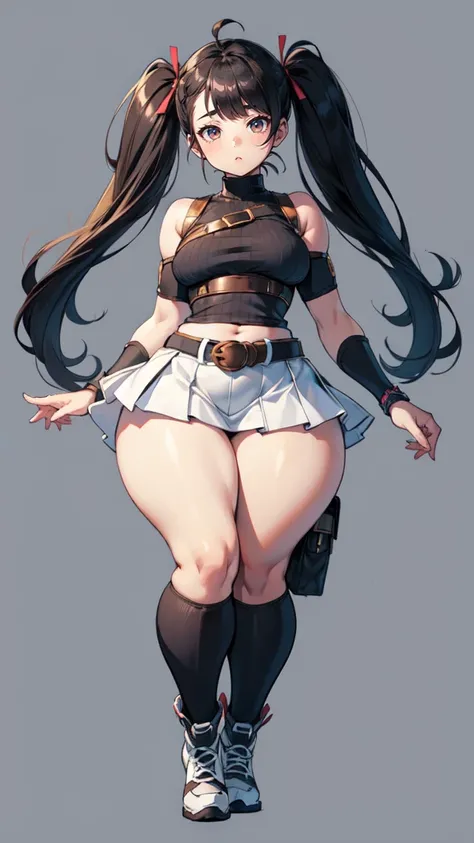 blank background, (((full body))), (masterpiece), ((best quality)), (very short girl), flat chest, short twintail, (wide hips:1.4), (thick thighs:1.5), (very short skirt), toeless footwear, belt below navel, fanny packs, bags