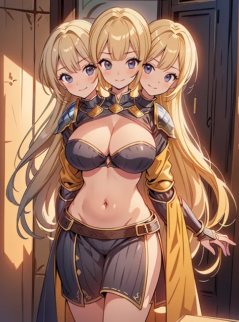 (masterpiece),(ultra-detailed), (high quality), (high resolution), (best quality:1.5, highres, UHD), highres, absurdo, ultra detail, ultra quality, (2heads:1.5), 1girl, ((golden blonde hair)), thighs, (gray armor), female warrior, (open belly), (open breas...