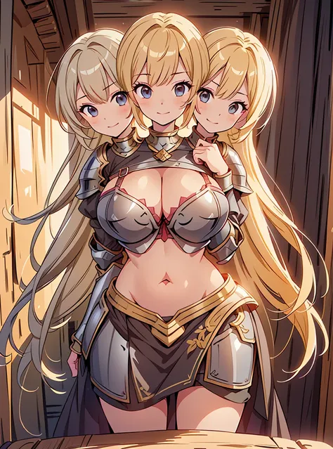 (masterpiece),(ultra-detailed), (high quality), (high resolution), (best quality:1.5, highres, UHD), highres, absurdo, ultra detail, ultra quality, (2heads:1.5), 1girl, ((golden blonde hair)), thighs, (gray armor), female warrior, (open belly), (open breas...