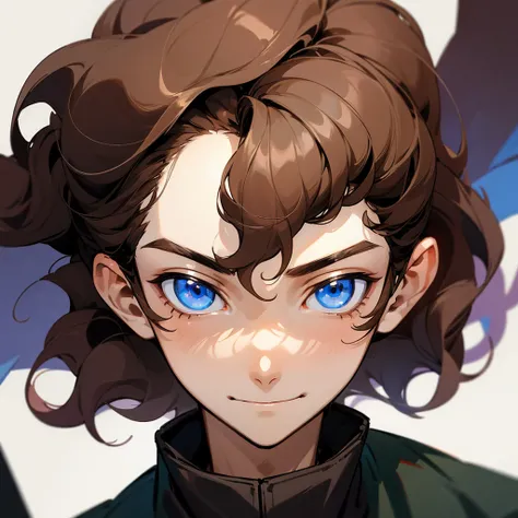 A portrait of a young boy with curly brown hair, blue sanpaku eyes, slender eyes, menacing smirk, boyish, dark room background