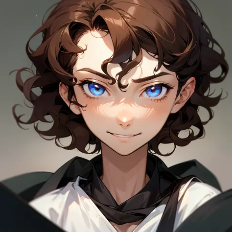 A portrait of a young boy with curly brown hair, blue sanpaku eyes, slender eyes, menacing smirk, boyish, dark room background