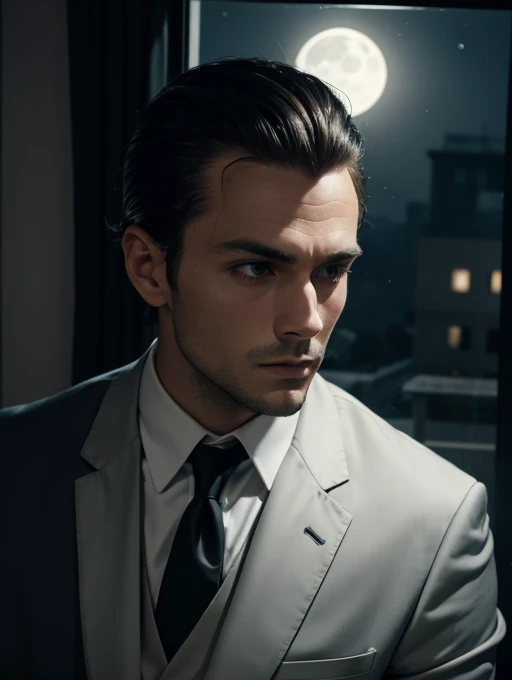 30 years old man, hair combed up, suit and tie, expression neutra, dark bedroom, moonlight coming through the window