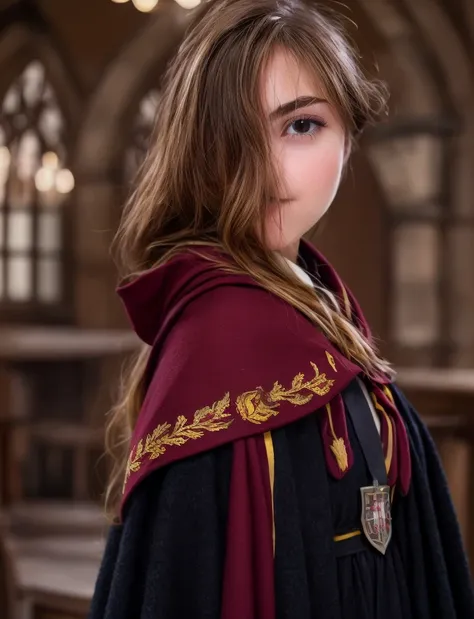 cinematic photo, harry potter scenery, gryffindor lounge at hogwarts, a realistic photo of a 20 years old actor hermine, Standing tall pose, unkempted hair, sexy gryffindor cape,  (cinematic composition, metahuman creator, epic background), best quality, r...