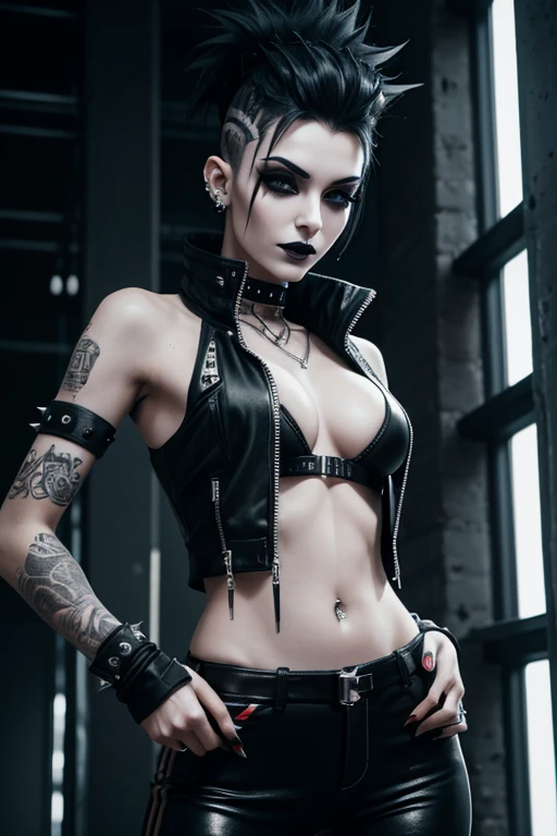 thin and athletic Italian woman in her early twenties, pale skin, goth, cyberpunk theme, black lipstick, makeup, punk hair, tall spiked hair