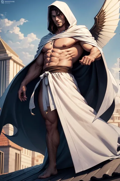 dynamic pose of a winged human wearing a hooded robe on a rooftop. this man gives an equal parts majestic and monstrous impression with their hidden physique, wicked features, and hidden face alongside their brown wings, white robes, and stature