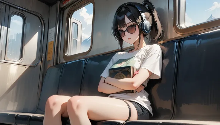 (((8K, Masterpiece, high resolution, highest quality, highest quality real texture skin))), ((wearing Japanese pattern headphones)), (((1 girl))), (((sit in a train seat))), (((I read a book))), (((Large windows))), ((sunglasses)), (Japanese pattern T-shir...