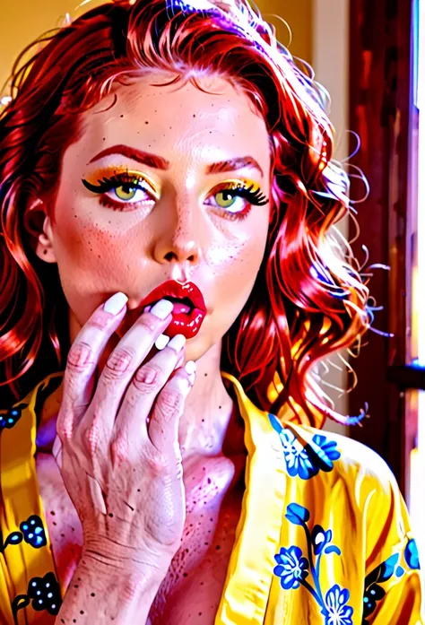 Modelshoot (Candid 1.3) photo of a vivacious 28-year-old polish supermodel, fullbody view, Striking eyes, voluminous wavy red hair, coy expression, lipgloss, sucking dick, wearing intricately detailed Yellow Kimono, looking at viewer, (upper body shot:1.5)...