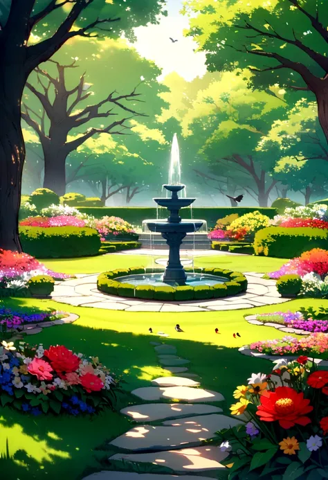 Picturesque green field with trees on the sides , adorned with colorful and vibrant flowers. with a zen garden and a fountain and a huge oak tree and little birds