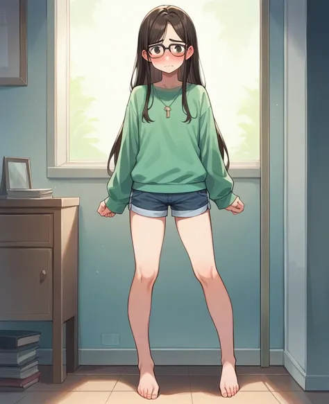 1girl with long hair and dress, 1 girl is taking to lavatory, long sleeves, black glasses, barefoot, looking at viewer, legs spread out, knees together, standing,  embarrassed, shorts, blush, Keep ones mouth shut,  inside house (girl is peeing self:0.455),...