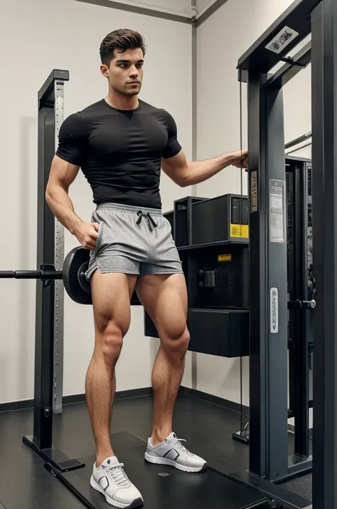 A male standing in a weight machine, showing his legs, and the weight should be 60 kg.