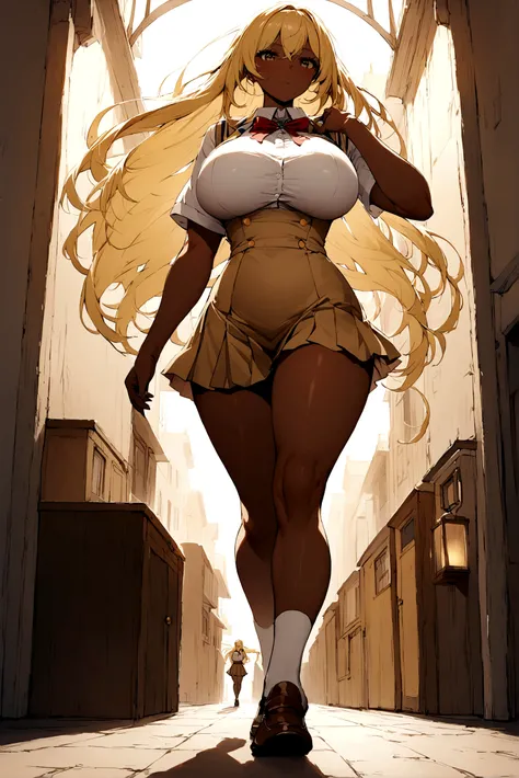 A beautiful high school girl with blonde long hair, she have brown skin and got hourglass body with large chests. She is wearing high schools uniform and walking on the school.