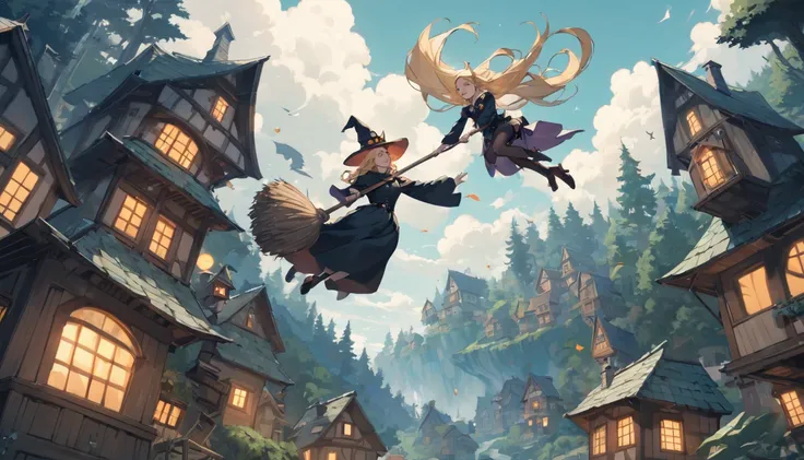 Woman flying in the air astride a broom,witch,Blonde,Below you can see houses, forests, and the sea.