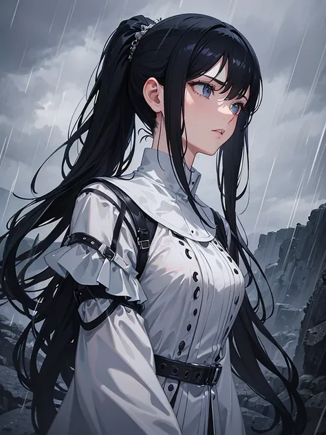 1 girl standing on the edge of a cliff, rain, long black hair in high ponytail, side profile, hands in pockets, black dress，grey eyes，atmospheric lighting, cinematic, dramatic, moody, realistic, beautiful detailed eyes, beautiful detailed lips, extremely d...