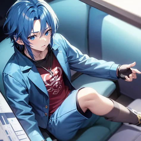 anime styling, Boy sitting on a gaming chair, with blue clothes, with money in hands and on the table, behind him a computer, freezing weather, vivid colors, cinematic shading, CG anime