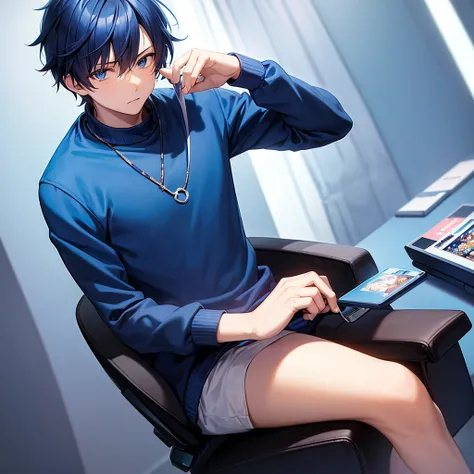 anime styling, Boy sitting on a gaming chair, with blue clothes, with money in hands and on the table, behind him a computer, freezing weather, vivid colors, cinematic shading, CG anime