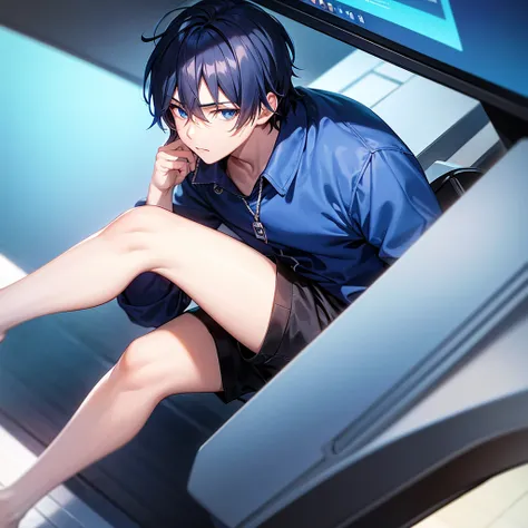 anime styling, Boy sitting on a gaming chair, with blue clothes, with money in hands and on the table, behind him a computer, freezing weather, vivid colors, cinematic shading, CG anime