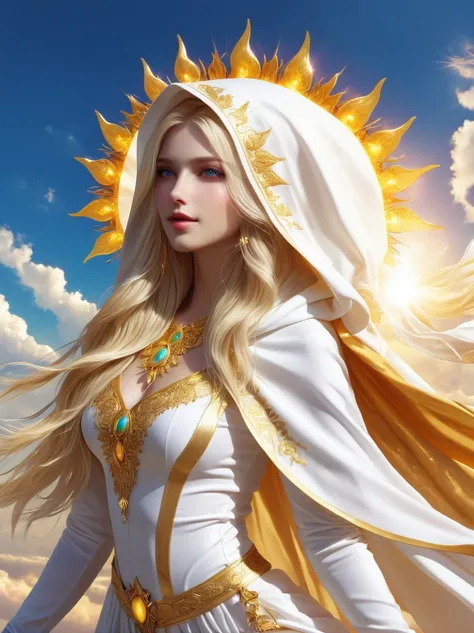 1xknh1, (full-body shot:1.4), A super beautiful sun goddess，Long blond hair，Wearing a white and gold hood，Wearing a veil decorated with gold