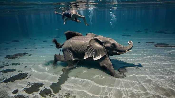 Create a half underwater image of an elephant walking on the shallow sea floor on the bahamas. The elephants trunk is upwards.