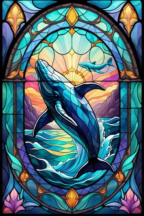 2D Stained Glass window,swiming whale in window frame. dungeons and dragons art. symmetrical design, in the style of stained glass. Digital stained glass style. pastel color scheme