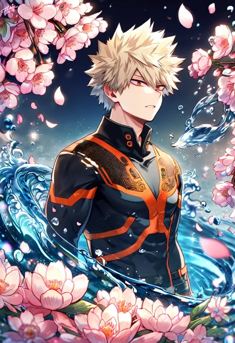 Ultra detailed, highres, absurdres, HDR, master piece, Bakugo Katsuki, ash-blond hair, expressivee red eyes, black clothes with patterns, Boku No Hero Academia, fantasy, pink petals, water, pink flowers, handsome, sexy man, solo, magical, best quality, blo...