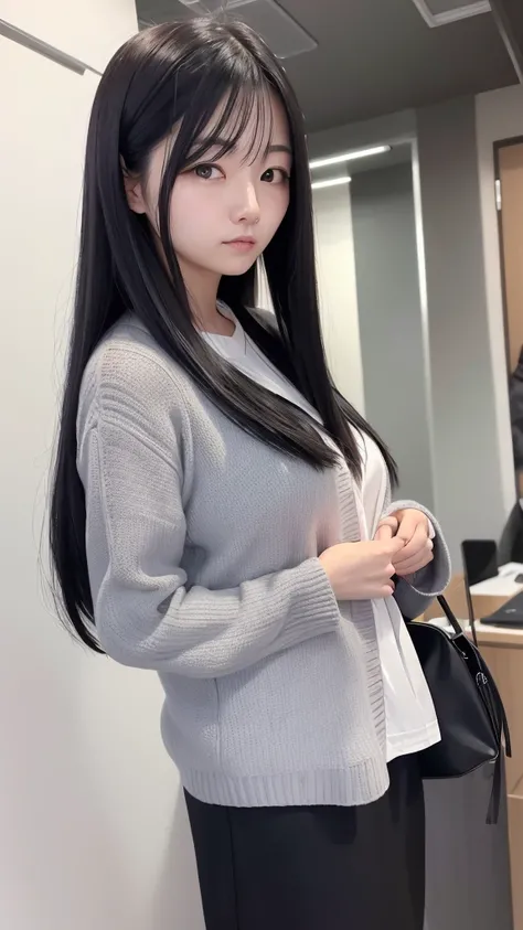 English:** Office, evening, overtime work, Japanese woman, 25 years old, long black hair, loose strands, beautiful, competent woman, looking away, heart-stopping, 8K photo, high quality