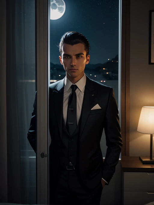 30 years old man, hair combed up, suit and tie, expression neutra, dark bedroom, moonlight coming through the window