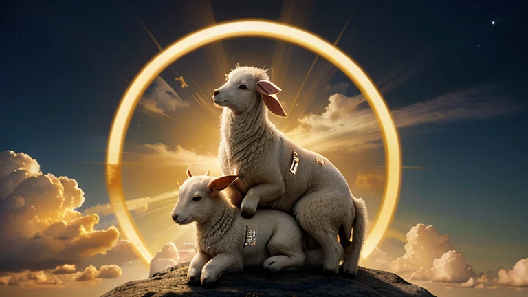 In a heavenly radiance, the Lamb, symbol of Jesus Christ, bursts out of the clouds, holding the seven seals that contain the destiny of humanity.