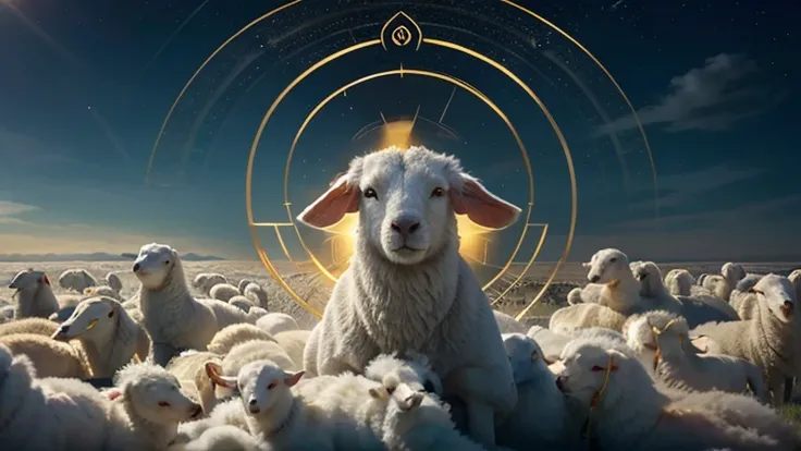 In a heavenly radiance, the Lamb, symbol of Jesus Christ, bursts out of the clouds, holding the seven seals that contain the destiny of humanity.