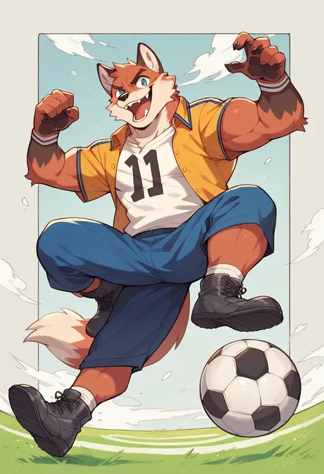 A very muscular fox, with Cruzeiro shirt (football team). Uniformed with boots, cruise shirt stepping on a soccer ball 