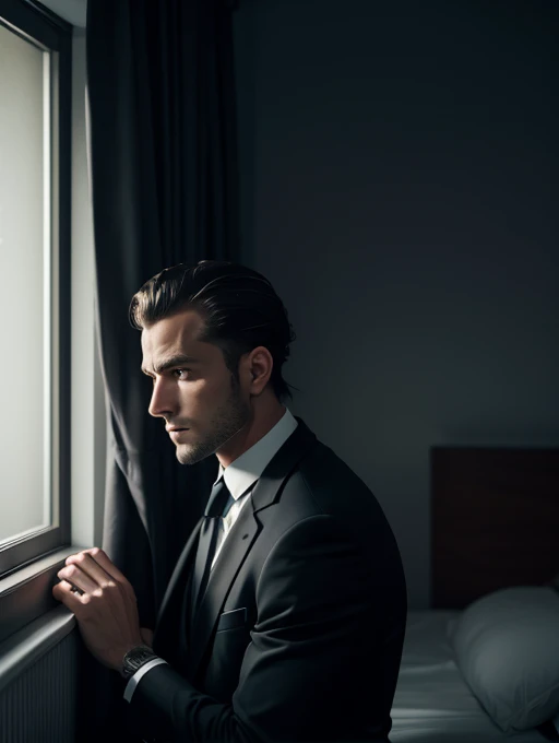 30 years old man, hair combed up, suit and tie, expression neutra, dark bedroom, moonlight coming through the window