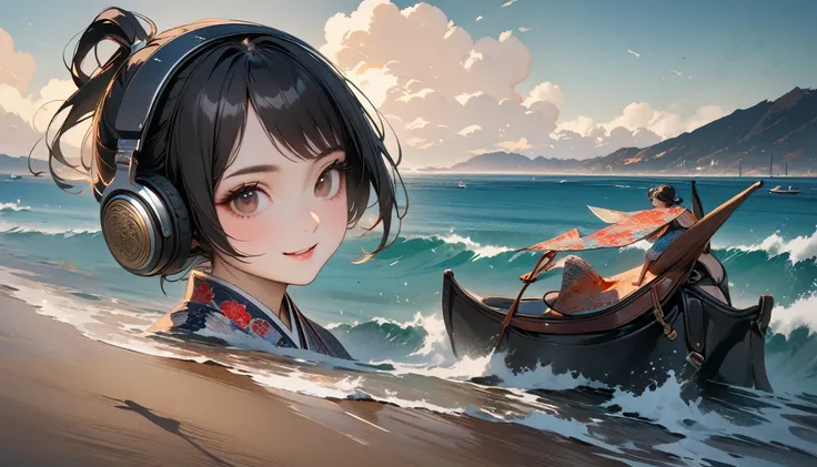 (((8K, Masterpiece, high resolution, highest quality, highest quality real texture skin))), (((whole body))), ((wearing Japanese pattern headphones)), (((1 girl))), (((Smiling while staking out his saddle on the ocean))), ((sunglasses)), (Japanese pattern ...