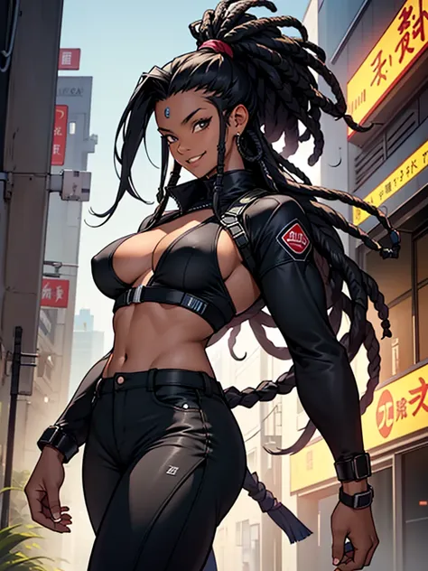 (Masterpiece artwork), A black woman with black hair, skin black, dreadlocks, long hair, loose hair (best qualityer), Ultra resolution, professional art, ultra detaild, perfect lighting, athletic body, big boobies, ninja outfit, Grinning, facing he viewer,...