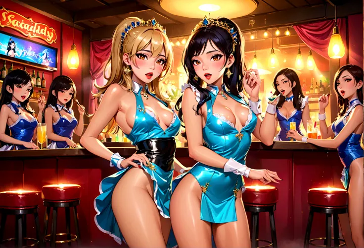 A girl band is performing in a Thai ladyboy bar, they are in Scandalous sexy outfits. Sexy ladyboy waitresses take care of the excited crowd. party hardy
