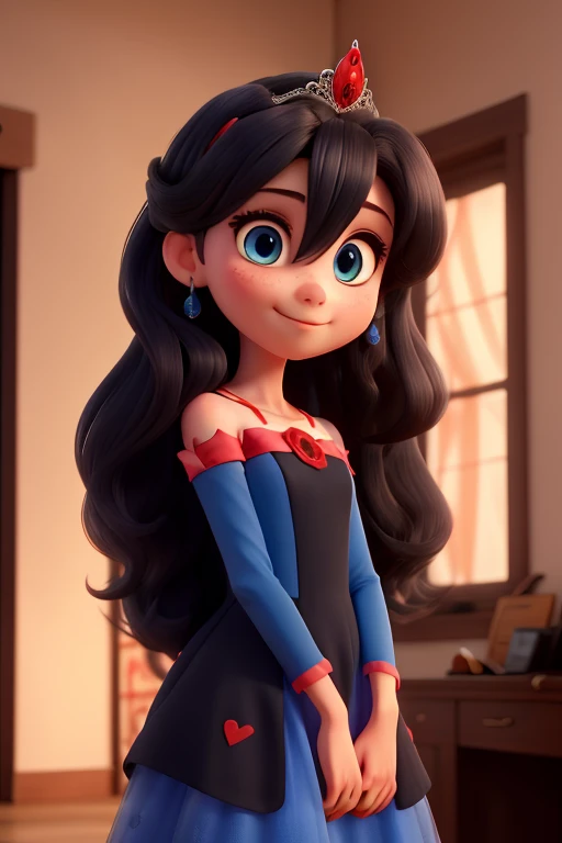  with long black hair,with red and blue dress,blue colored eyes,and with a princess crown 