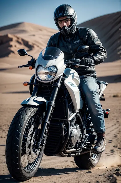 Make a man on top of a white 1200cc motorcycle , This man must be wearing black clothing with a black helmet. He must be in the Atacama Desert Ultra realistic photo, 8 k quality, fullHD