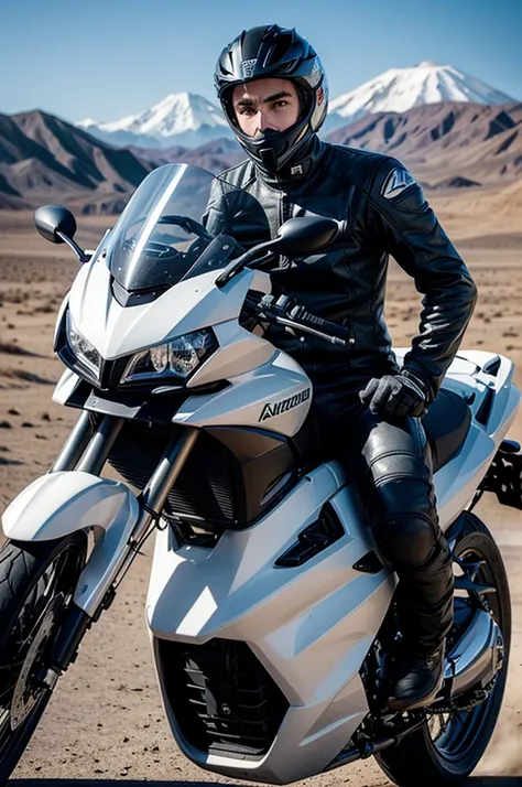 Make a man on top of a white 1200cc motorcycle , This man must be wearing black clothing with a black helmet. He must be in the Atacama Desert Ultra realistic photo, 8 k quality, fullHD