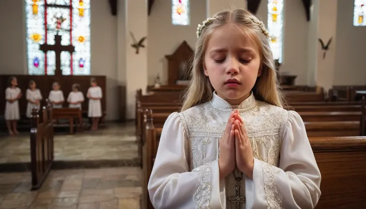 photo of a blonde girl with her eyes closed and hands clasped in prayer in church, catholic dress, (masterpiece, ultra quality, high resolution, 8k, intricate: 1.2), (masterpiece), (best quality:1)
