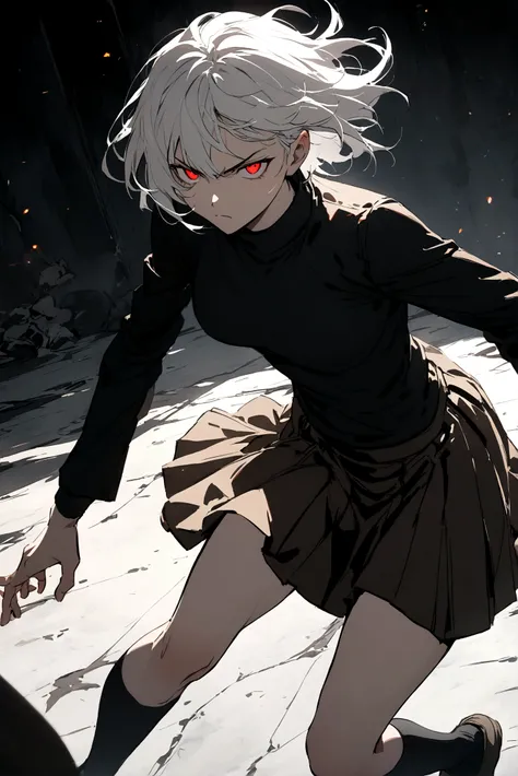 Long-sleeved turtleneck shirt and a skirt with long black socks Red eye and one black eye, long black hair and white hair  serious expression 