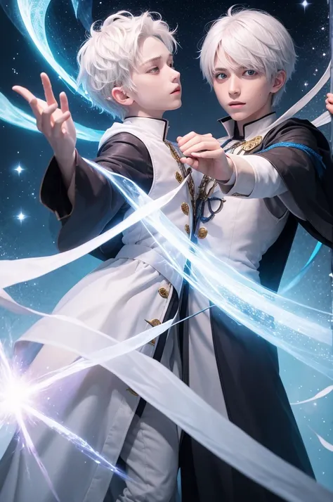 White-haired boy invoking magic from two outstretched hands 