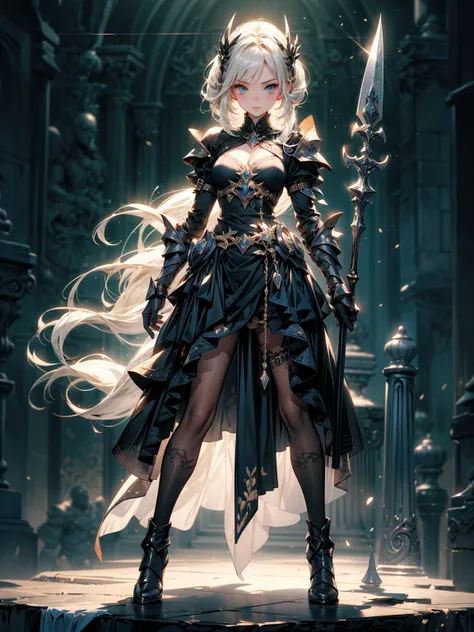 Design a layout showcase Gaming character, (1girl). Golden+Purle full body armor, stylish and unique, ((showcase weapon:1.4)), magic staff, (masterpiece:1.2), (best quality), 4k, ultra-detailed, (Step by step design, layout art:1.5), (luminous lighting, at...