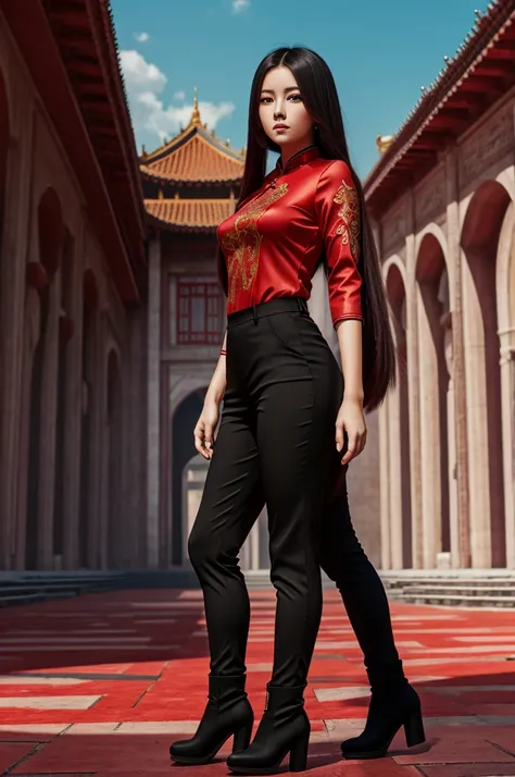 young woman, long hair, Red color, ojos de Red color, Cheongsam top, black pants, black boots, serious look, anime, 4k resolution, detailed drawing, big palace background.