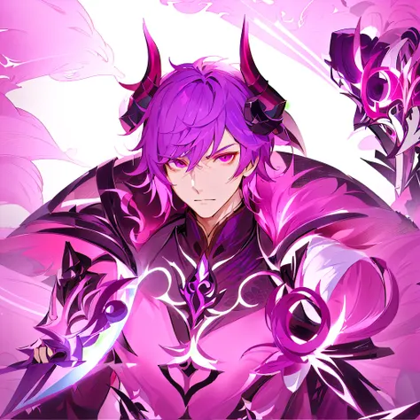 Anime character with dark purple hair and pink eyes holding a sword, the former demon king, Beautiful male god of death, genshin impact zhongli, genshin impact character, male demon, Retrato onmyoji, anime key art, Evil and devious male, detailed anime key...