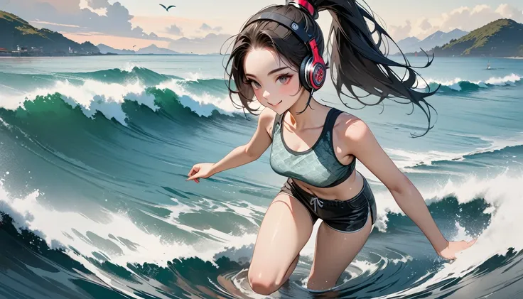 (((8K, Masterpiece, high resolution, highest quality, highest quality real texture skin))), (((whole body))), ((wearing Japanese pattern headphones)), (((1 girl))), (((Smiling and paddling on the ocean))), ((sunglasses)), (Japanese pattern Tシャツ, super mini...