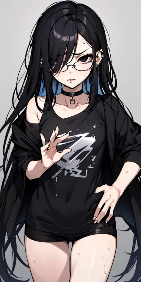 (masterpiece), best quality, expressive eyes, highres, anatomically correct, 1girl, perfect face, perfect hands, female, pale, glasses, messy hair, black hair, very long hair, black eyes, glasses, weak, tired, small breasts, graphic t-shirt, gothic, emo, g...