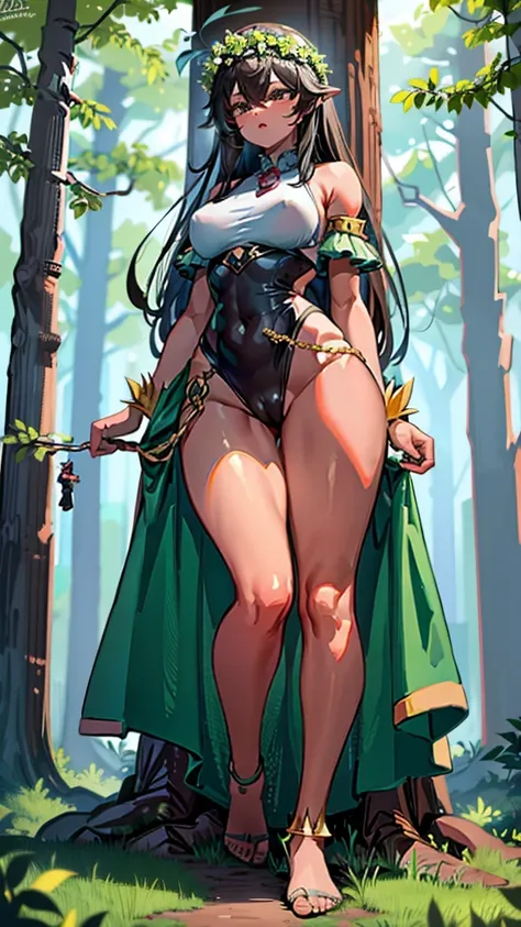 In a forest of large trees there is an even larger Amazonian giantess, with brown skin, black hair, thin, with clothes that only cover her nipples and between her legs and with very long legs, she is looking for small human invaders of the forest to destro...