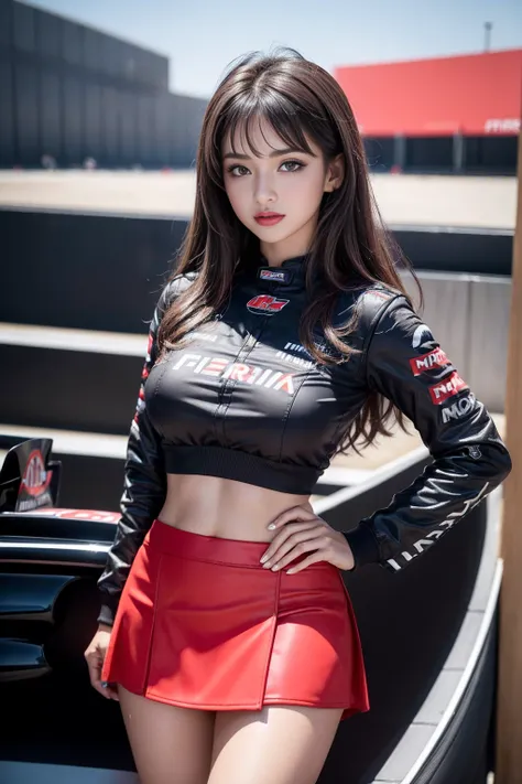 (masterpiece), ( MotoGP Racing Girls), (Eyeliner:0.5),(blush:0.5), Black Hair, A faint smile, Refers to a beautiful and delicate girl, Extremely detailed eyes and face, Beautiful and delicate eyes, , ((MOTOGP events)), (MotoGP track background), (best qual...