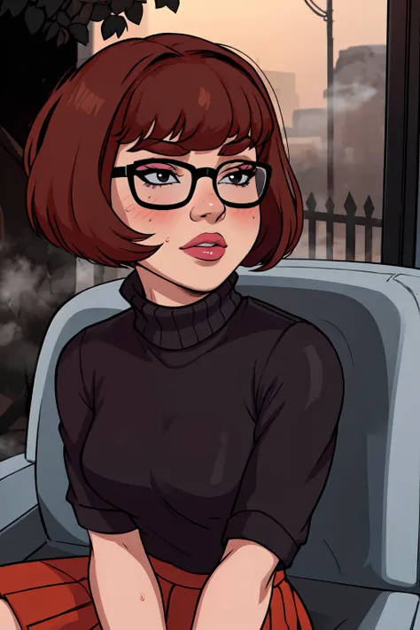 1girl, velma from scooby-doo, solo, skinny, brown hair, black eyes, square glasses, orange turtleneck blouse and red skirt,  eye...